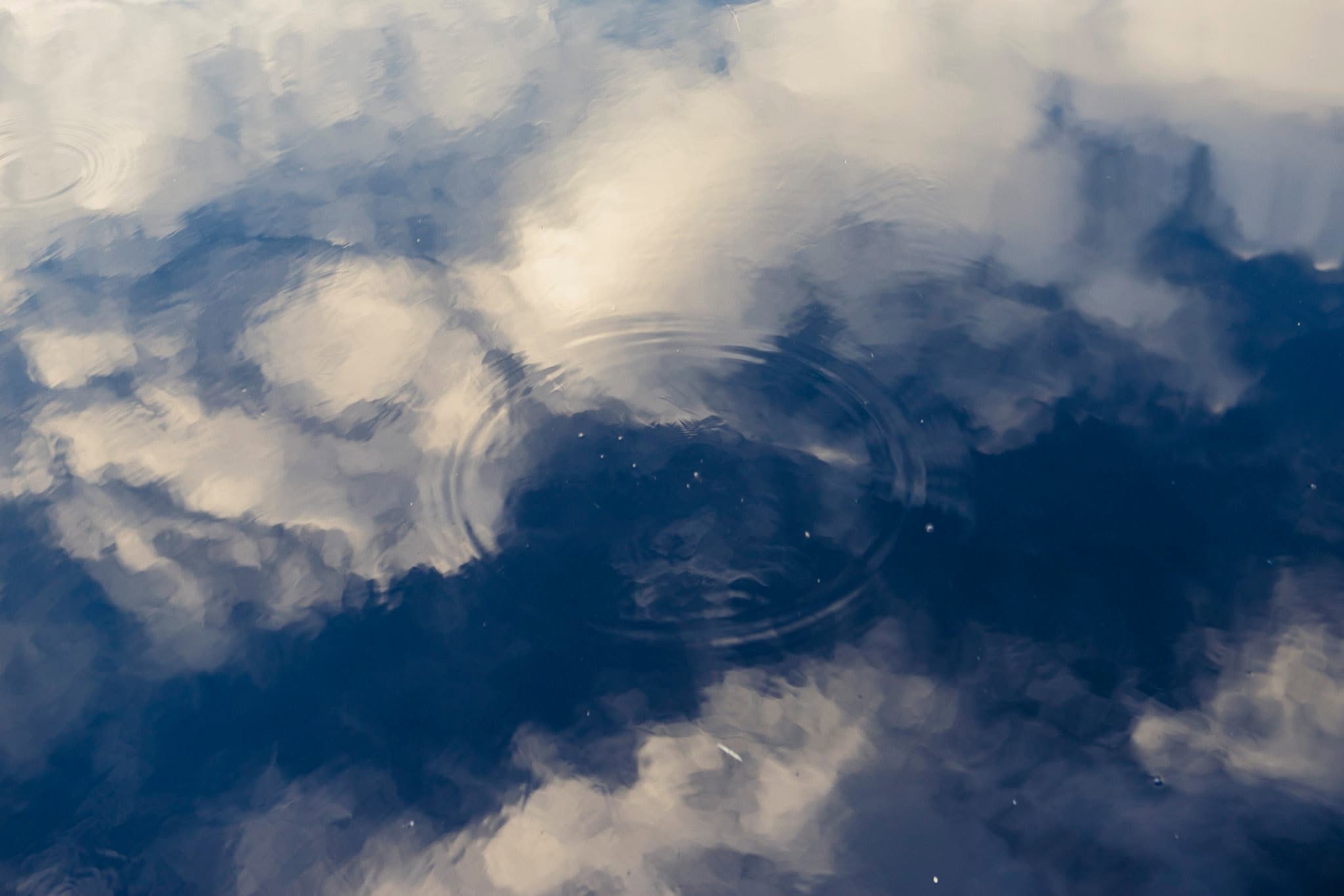 A close-up photograph capturing the ephemeral intersection of elements on a dark, reflective surface of water. The composition is dominated by a mirrored sky, where soft, voluminous white and cream-colored clouds drift against a deep, twilight-blue abyss. Disrupting this fluid tableau, a series of delicate, concentric ripples emanates from a central point, distorting the pristine symmetry of the reflection. Tiny, suspended particles or bubbles are scattered across the surface, catching the light and underscoring the tension between the vastness of the reflected atmosphere and the immediate, physical reality of the liquid pane.